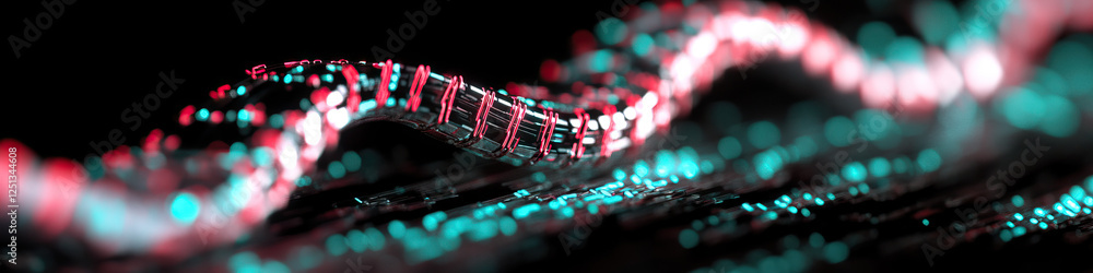 Poster abstract 3d render: metallic structure with cyan and red accents