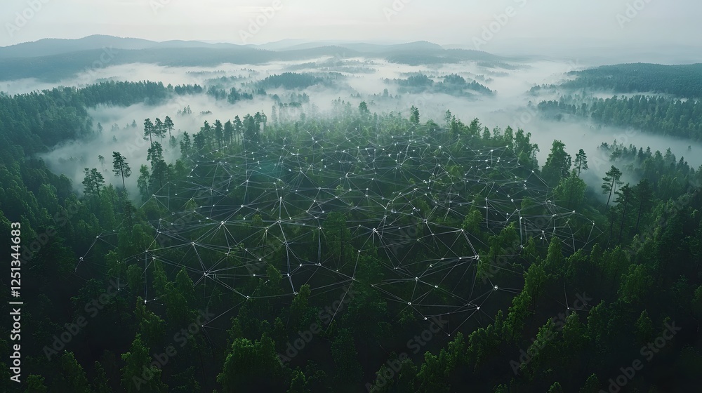 Poster mysterious digital ecosystem in misty forest landscape a high tech environment represented by interw