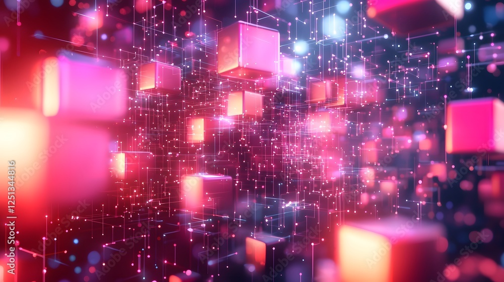 Poster abstract digital system with floating interconnected luminous blocks representing a futuristic techn