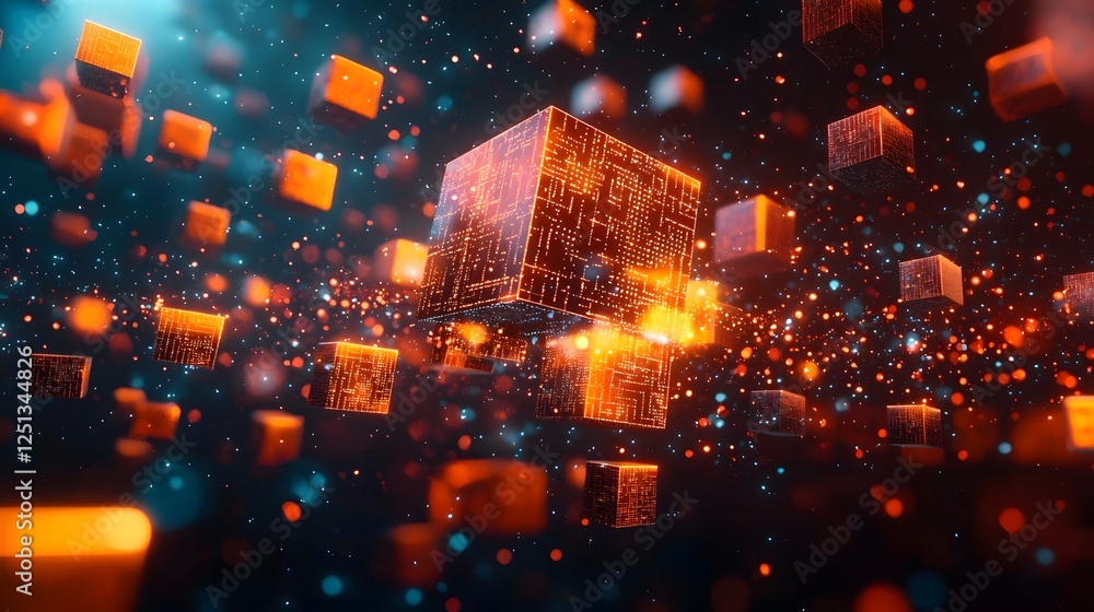 Poster abstract digital system with floating interconnected blocks representing a futuristic and dynamic da