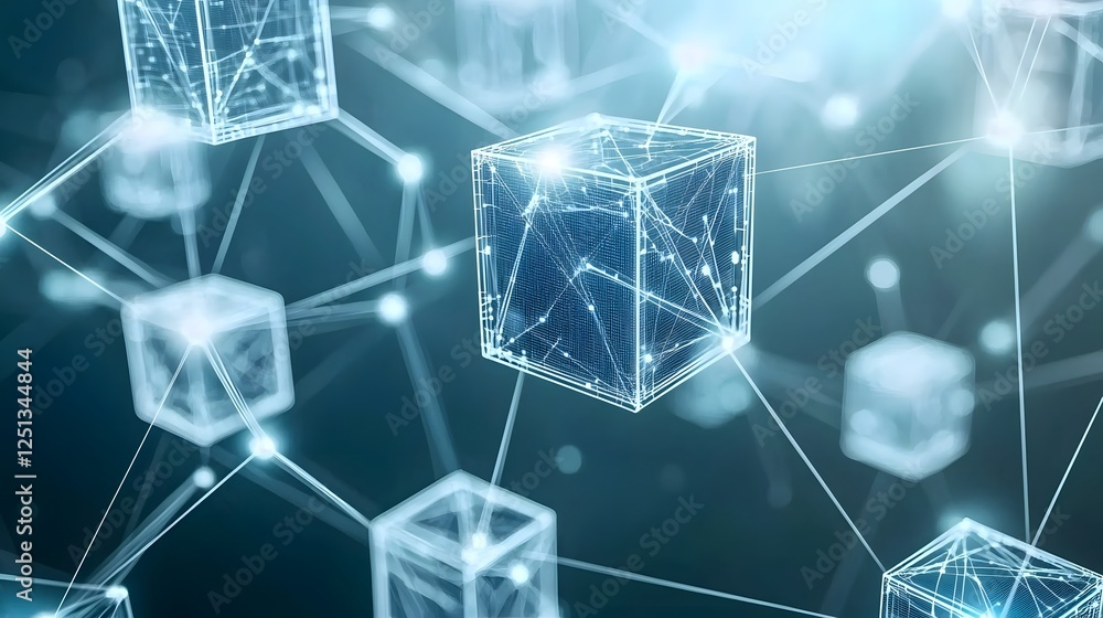 Poster futuristic digital system with interconnected floating geometric blocks representing a complex cyber