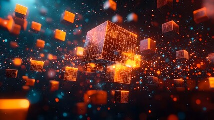 Naklejka premium Abstract digital system with floating interconnected blocks representing a futuristic and dynamic data network Glowing cubes and particles create a visually striking of technology innovation