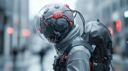 Fototapeta premium Futuristic construction worker wearing helmet and backpack at a modern construction site