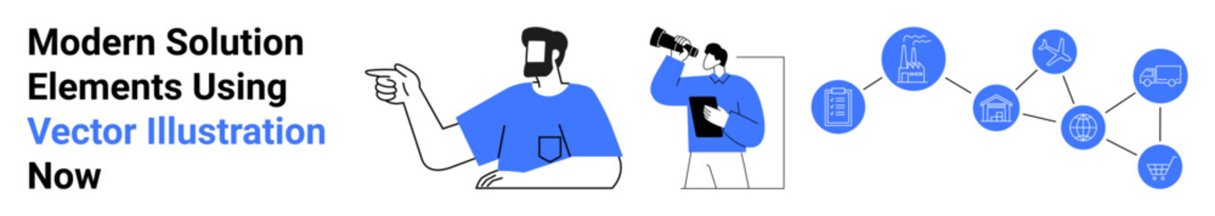 Male professional pointing and man with telescope representing direction, connected icons showing collaboration, planning, innovation, and success. Ideal for business, startups, technology, strategy