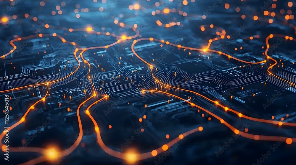 Poster interconnected digital network of futuristic technology systems with illuminated data streams and in