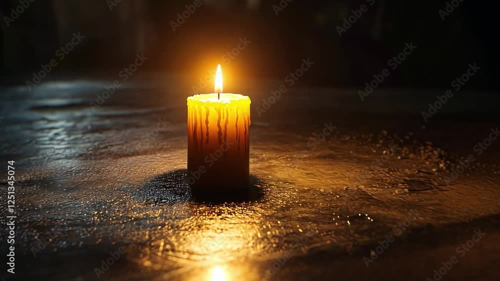 Poster Glowing candle casts warm glow on dark surface, with wax drips adding character, while flickering flame enhances serene atmosphere and soft shadows create tranquil illumination.