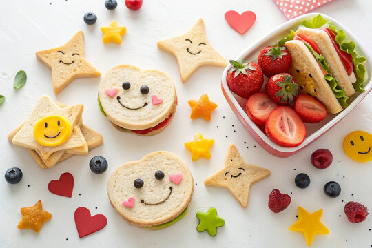 Fun kids' lunchbox sandwiches, fruit, cookies - Powered by Adobe