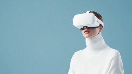 Woman wearing white sweater and vr eye mask in conceptual metaverse visual representation