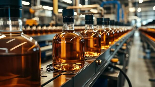 Bottles of whiskey on conveyor belt in modern distillery