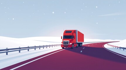 Red semi-truck driving on snowy highway. (18)