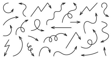 Set of arrows in doodle style. Decorative black hand drawn arrow on white back ground. Vector illustration on white background.