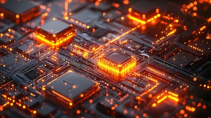 Obraz premium Glowing High Tech Network System with Data Blocks and Interconnected Pathways Abstract futuristic digital circuit showcasing communication connectivity and intelligence concepts