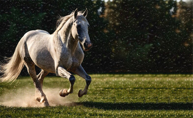 Fototapeta premium White horse galloping in a green field on a sunny day ia