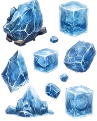 Fototapeta premium Collection of Watercolor Ice Cubes and Crystals in Various Shapes on a White Background