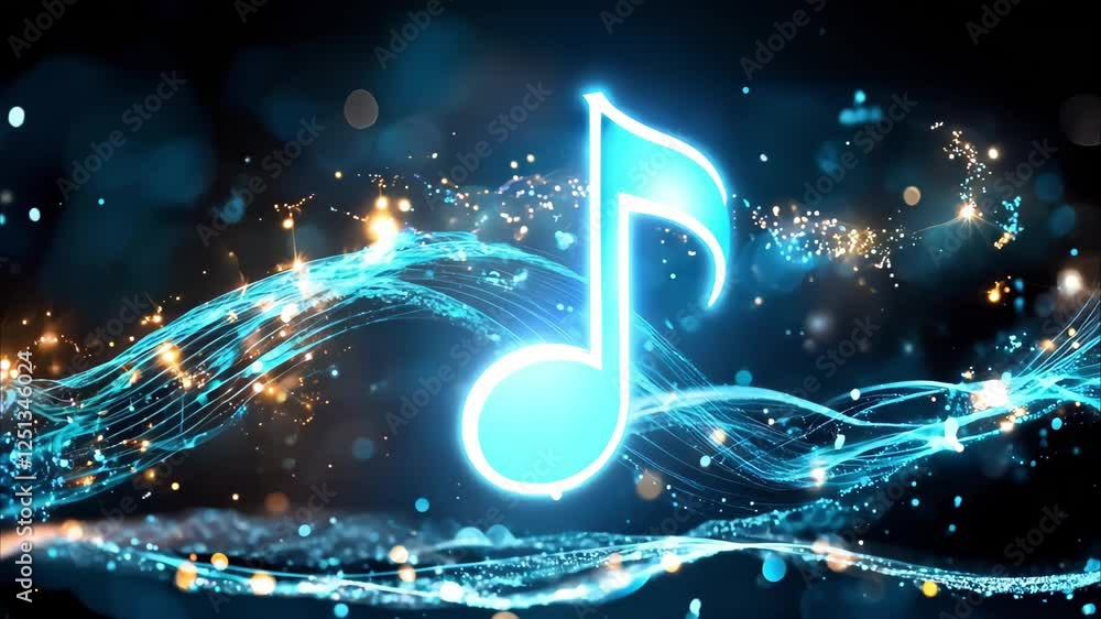 Poster a glowing musical note surrounded by sparkling blue waves and light effects, creating a vibrant and 