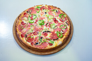 Traditional Turkish cuisine. Pizza, pita, pidesi, sucuk, hummus, kebab. Many dishes on the table. Serving dishes in restaurant. Mix, formaggi, veggie pizza. Top view, flat lay