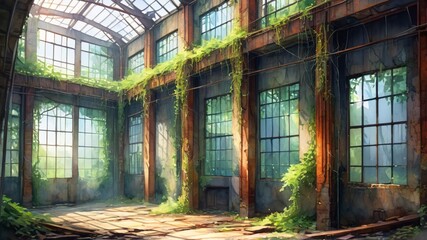 Obraz premium Abandoned Greenhouse with Sunlight Streaming Through Broken Windows