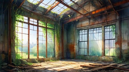 Abandoned Building with Overgrown Plants and Sunlight Beams