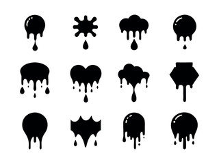 A collection of simple, black and white, flat design icons depicting various shapes of dripping liquid.