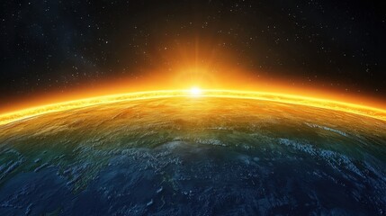 A breathtaking view of Earth from space, showcasing the vibrant horizon illuminated by the rising sun against a backdrop of stars.