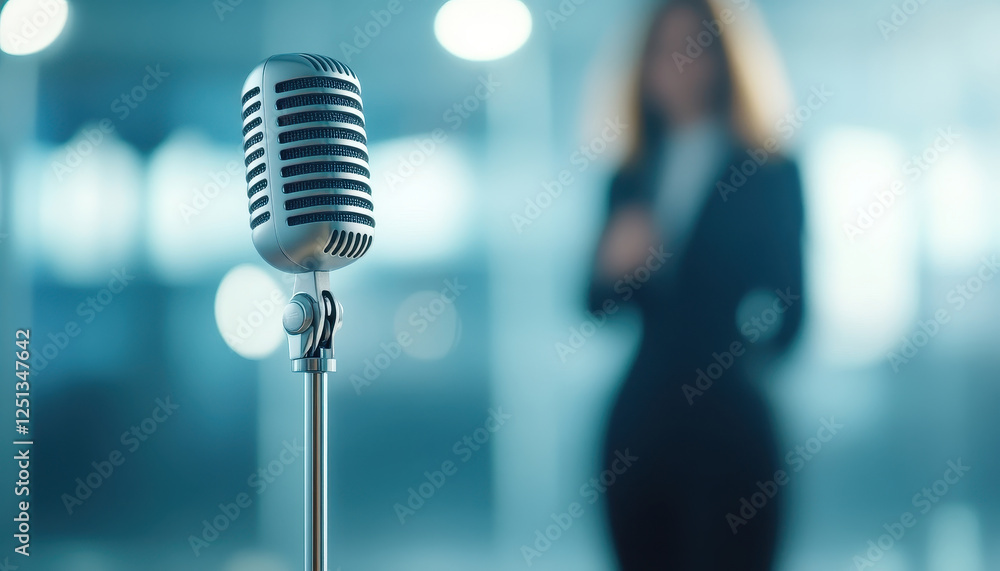 Aufkleber microphone in focus with blurred figure in suit, creating elegant interview scene that evokes antici