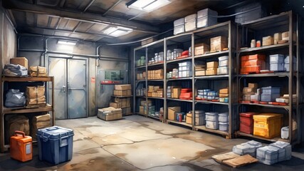 Obraz premium Industrial Storage Room with Shelves and Boxes for Inventory Management