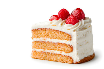 Slice of cake frosted with butter cream isolated on white background