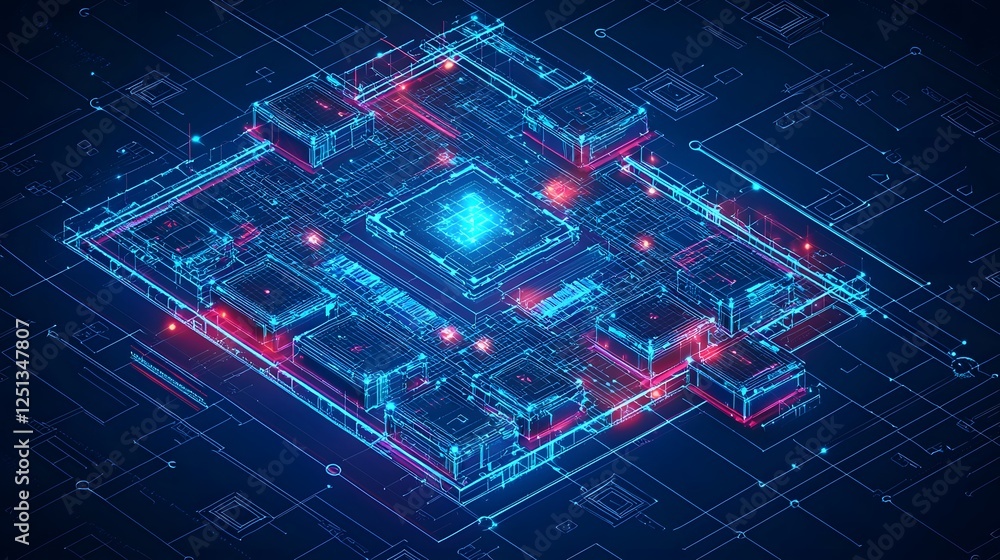 Poster digital blueprint of a cutting edge technological system with interconnected nodes and virtual inter