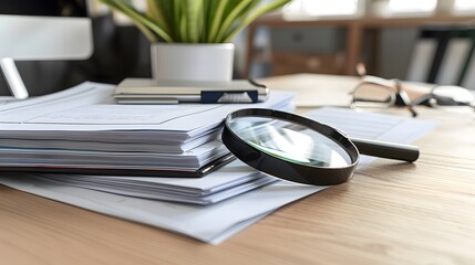 Close-up of a neatly organized stack of insurance documents with a magnifying glass on top,...