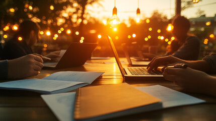 People working on laptops at sunset, warm lighting creates cozy atmosphere, with papers and notebooks on table, ideal for collaboration and creativity
