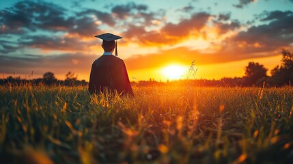 A graduating student in cap and gown celebrates academic success during an evening graduation ceremony, marking a new chapter in life.