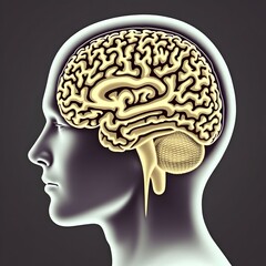 Precise Brain Anatomy with Glowing Yellow Highlights on Cerebral Cortex and Brainstem
