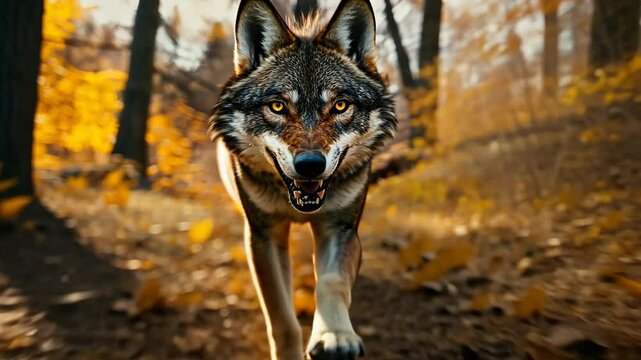 Full-body photograph of an angry wolf running towards the camera in a forest, with an angry expression on its face.