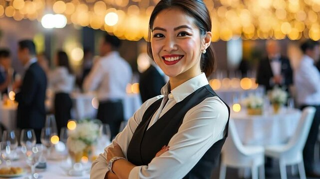 Smiling Asian woman waiter at banquet hall event