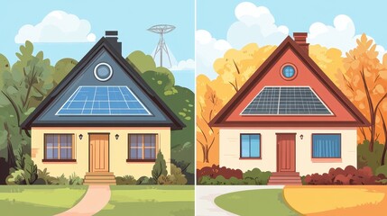 Naklejka premium Low carbon economy visual flat design front view renewable energy theme cartoon drawing Split-complementary color scheme.