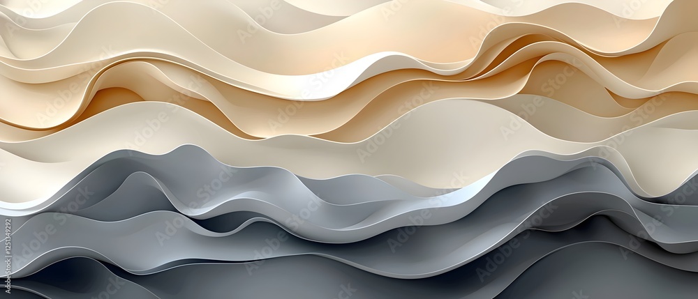 Poster an abstract wave pattern in soft shades of beige, cream, and gray, creating a serene and flowing vis