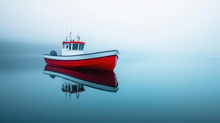 A lone red boat floats peacefully on calm waters, surrounded by a thick mist, creating a serene and tranquil atmosphere.