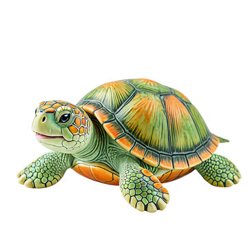 A colorful, figurative turtle with a green shell, orange and black pattern, and green and brown body, is depicted in a playful pose, facing right and smiling, set against a white background