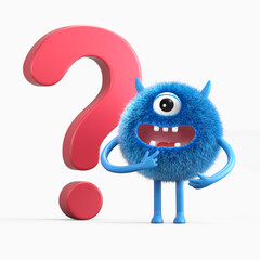 Fluffy, cute monster beside a question mark, symbolizing inquiry or curiosity. 3D rendering, conceptual image. Isolated on white background.