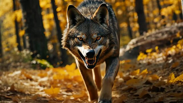 Full-body photograph of an angry wolf running towards the camera in a forest, with an angry expression on its face.