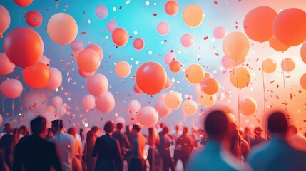 A vibrant crowd celebrating under a sky filled with colorful balloons, creating a festive and joyful atmosphere.