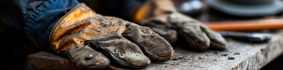 Obraz premium Close-up of Dirty Leather Work Gloves on Wood