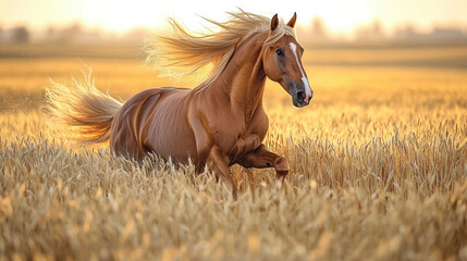 Obraz premium Golden horse running in wheat field at sunset