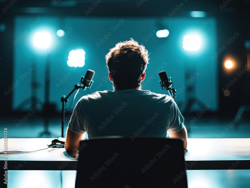 Poster minimalistic scene of man at table with microphones, illuminated by bright lights, creating engaging