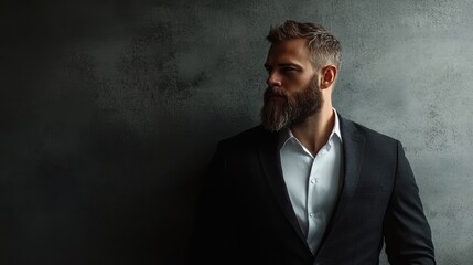 Handsome bearded businessman wearing watch, trendy suit and vest in modern studio against grey wall.