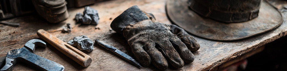 Dirty Work Glove, Tools, and Rocks on Wooden Surface