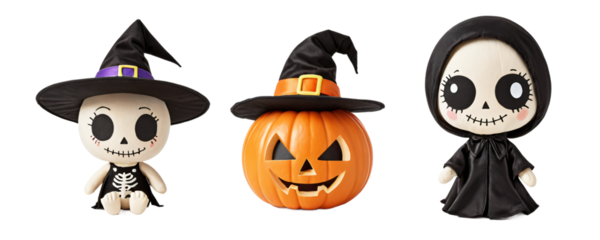 Three Halloween-themed figurines, each wearing a different Halloween costume, are arranged in a row against a white background, creating a festive and playful scene