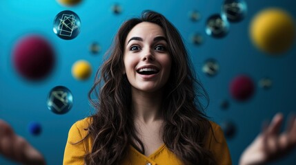 Woman amazed by colorful balls and gift icons