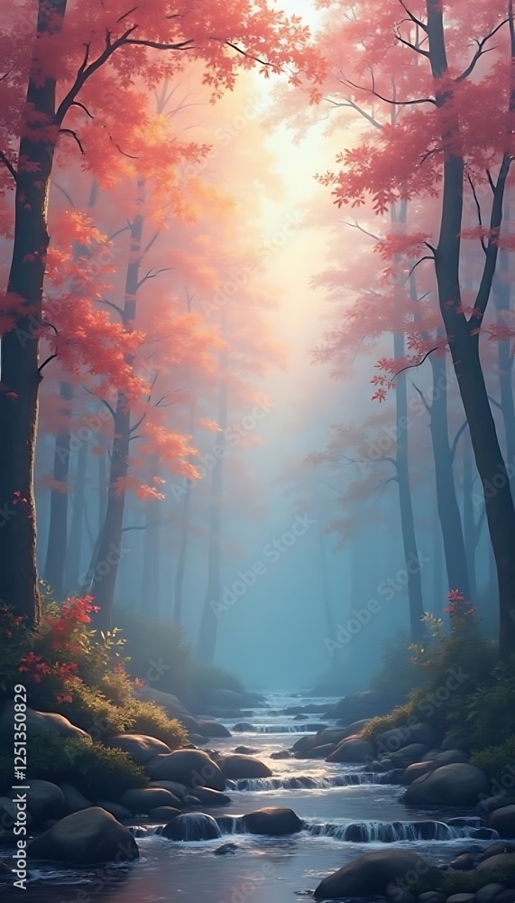Poster generative ai image showcasing a misty forest with a flowing stream and vibrant autumn colors