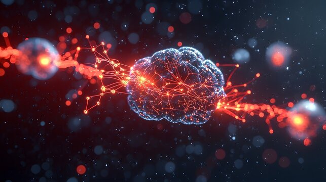 Glowing 3D of an brain network with dynamic synaptic connections and data flow representing the complex computational and information processing capabilities of intelligence